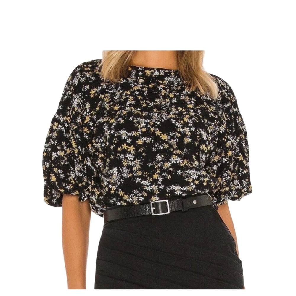 INTIMATELY‎ FREE PEOPLE XS Black Floral Print Pintucked Bubble Sleeve Dessa Top